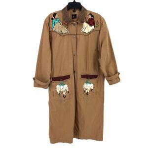 Vtg Liz Claiborne Sport Painted Southwestern Woman Feather Duster Coat Sz MP